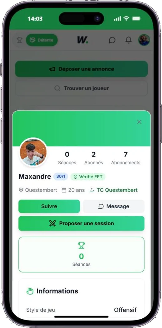 Wimba Profil d un joueur dans Wimba avec le bouton Proposer une session